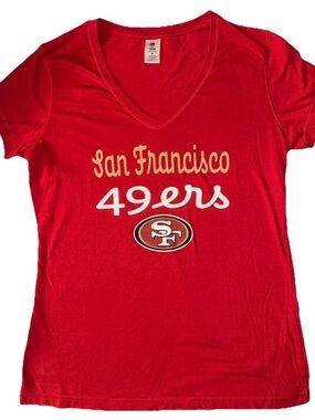 NFL San Francisco 49ers Red V-Neck Tee with White and Gold Logo